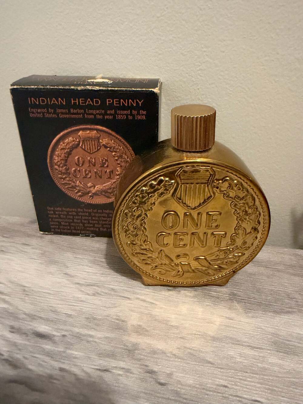 1970s Avon Indian Head Penny Excalibur Bottle with Box